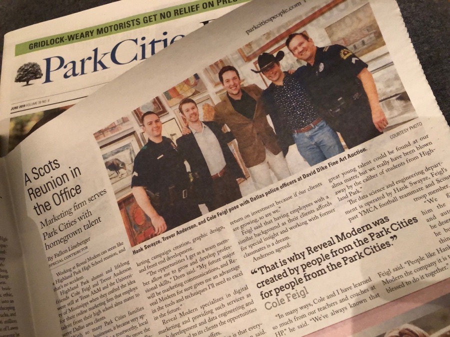Park Cities People newspaper article: A Scots Reunion in the Office, featuring Cole Feigl and Trevor Anderson
