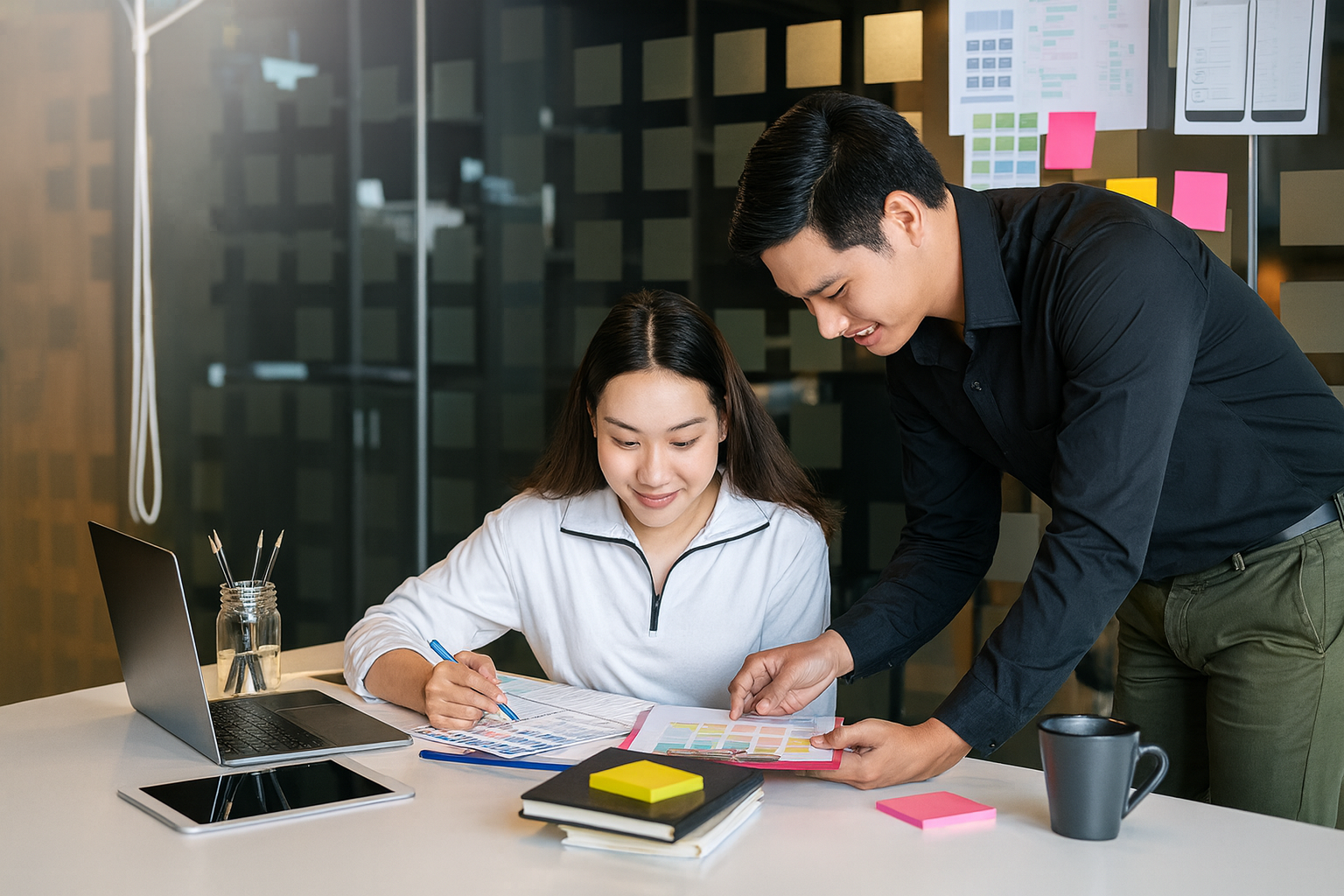 Two designers reviewing website wireframes and color samples at a desk