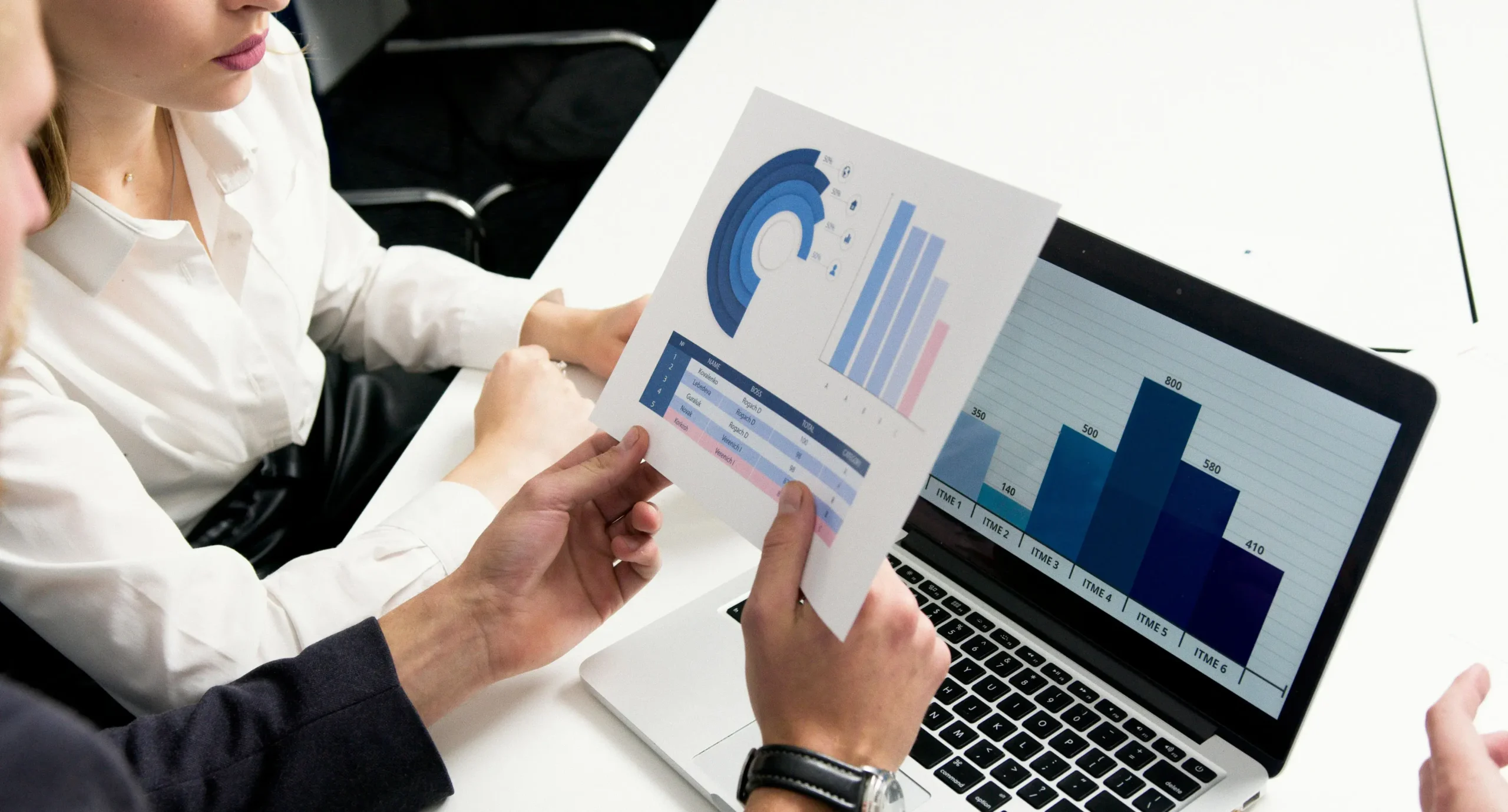 Marketing team reviewing performance charts beside a laptop