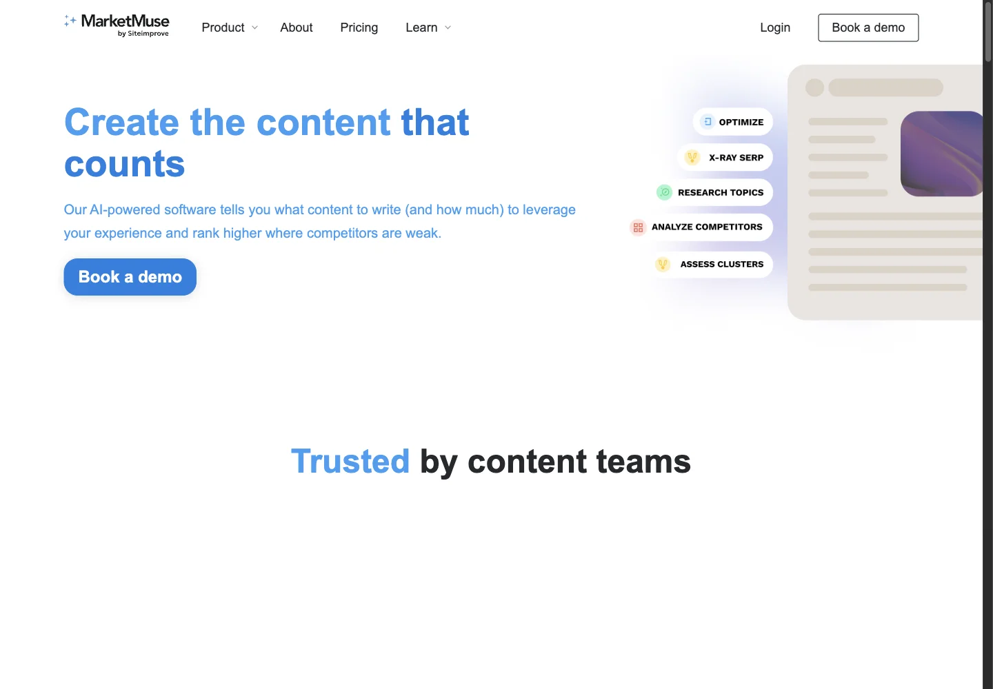 MarketMuse official website showing its product positioning and overview