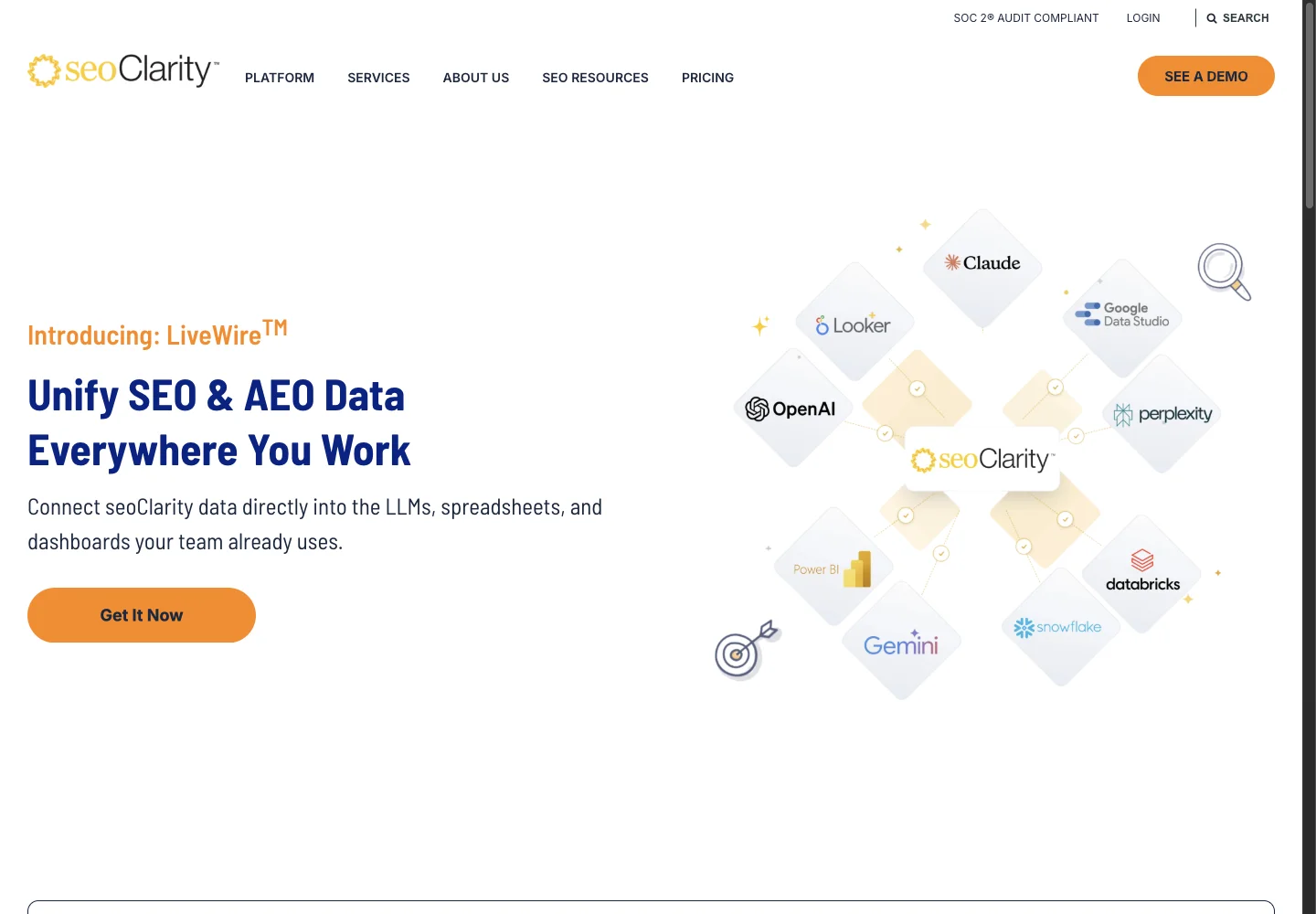 seoClarity official website showing its product positioning and overview