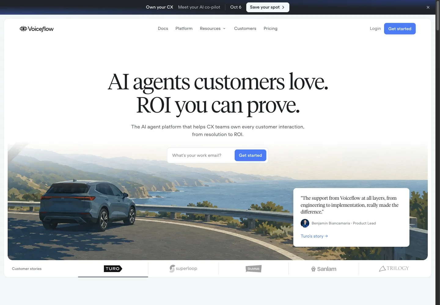 Voiceflow official website showing its product positioning and overview