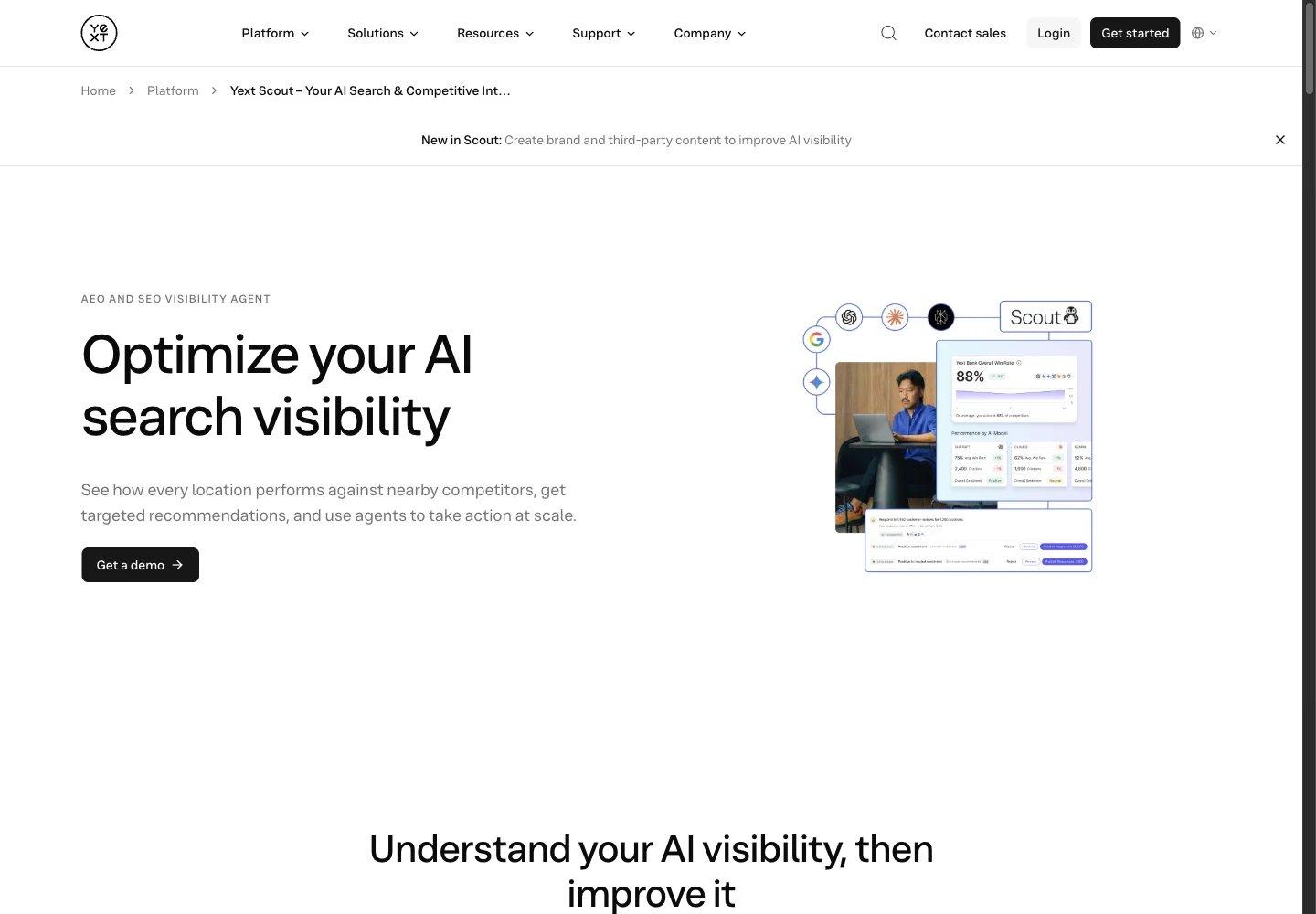 Yext Scout official website showing its product positioning and overview