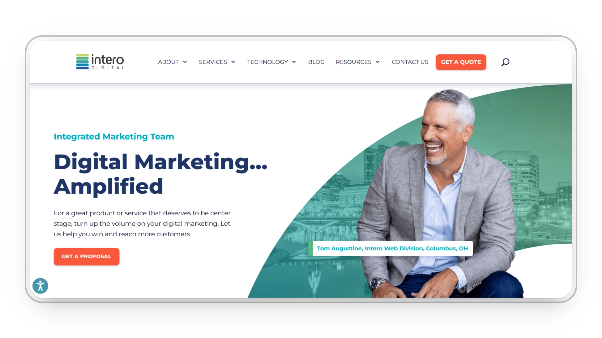 Intero Digital marketing agency homepage featuring slogan ‘Digital Marketing Amplified’ and team leader.