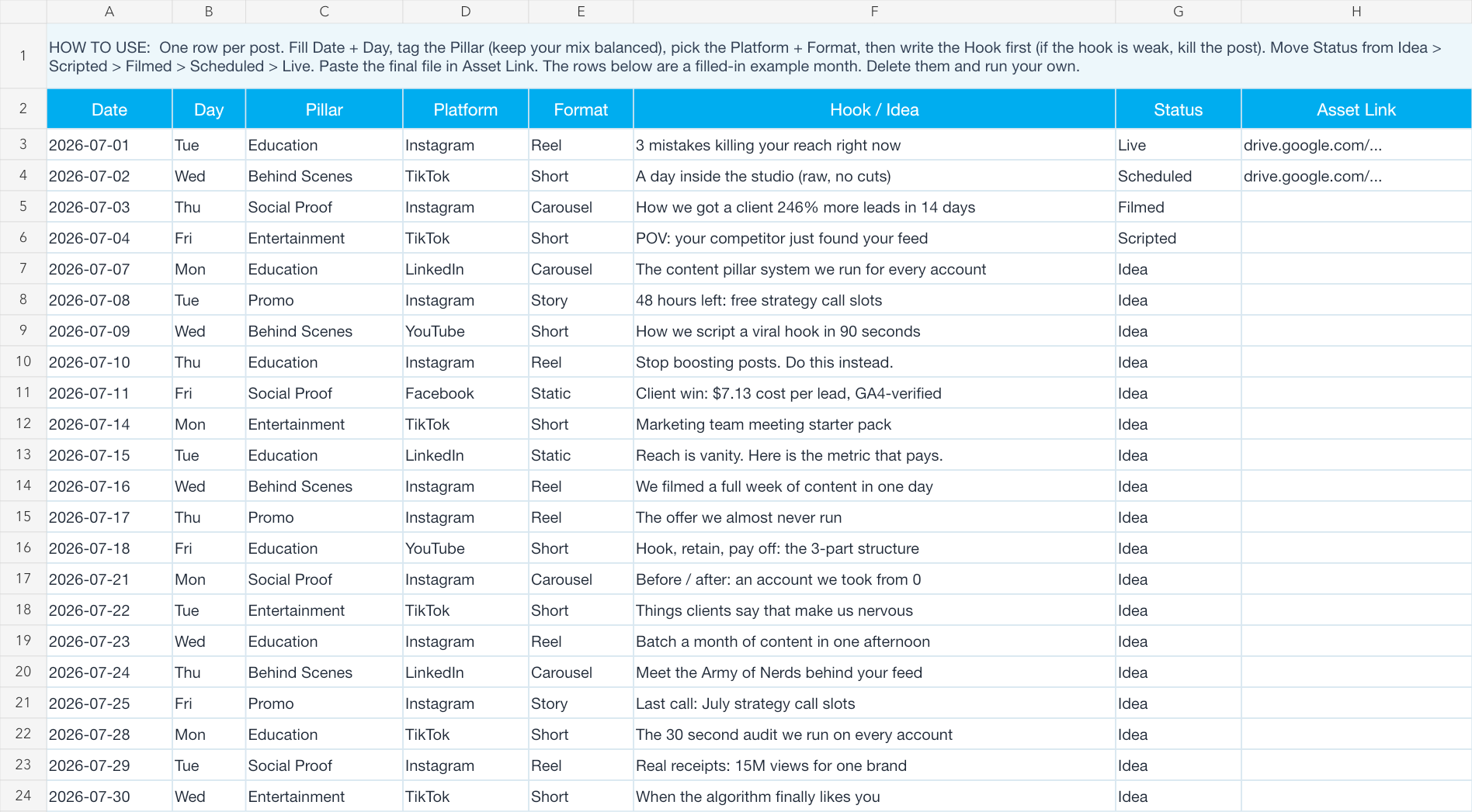 Monthly content calendar workbook showing Date and Day, Pillar, Platform and Format, Hook and Idea, Status, and Asset Link columns
